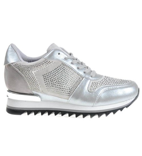 Srebrne trampki sneakersy na niskim koturnie /C6-2 4313 S177/