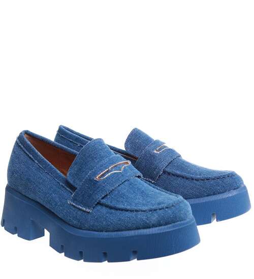 Jeansowe granatowe loafersy damskie na platformie /A6-3 15435 T385/