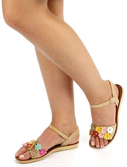 Płaskie sandały damskie z kwiatami Beżowe /E8-2 Ae601 S155/
