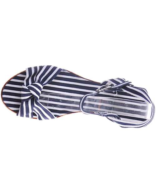  Damskie sandały w paski na koturnie Granatowe /D8-1 11688 T271/