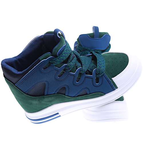 Sznurowane granatowo zielone trampki sneakersy na niskim koturnie /E2-3 15824 D430/