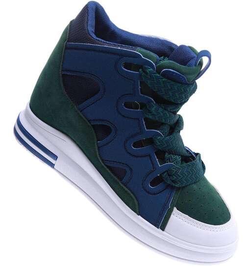 Sznurowane granatowo zielone trampki sneakersy na niskim koturnie /E2-3 15824 D430/