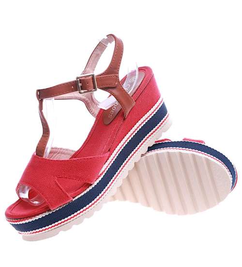 Czerwone damskie sandały na koturnie i platformie /A10-3 14380 S295/