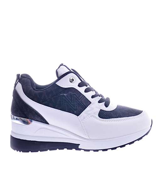 Biało czarne trampki sneakersy na niskim koturnie /E5-3 12522 T498/