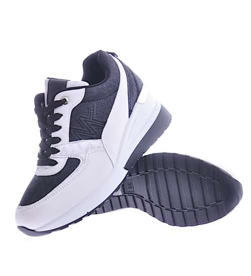 Biało czarne trampki sneakersy na niskim koturnie /E5-3 12522 T498/