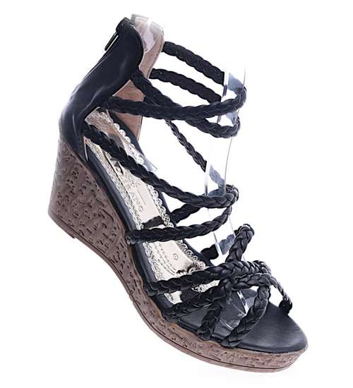 Czarne damskie sandały na niskim koturnie /F2-2 14175 S296/