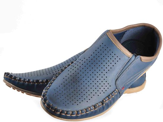 Wsuwane męskie pantofle z ażurowej skóry GRANATOWE /E9-2 2072 S318/