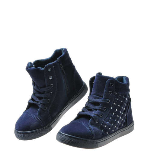Solidne dziewczęce sneakersy botki z cekinami GRANATOWE /H 6638 S198/