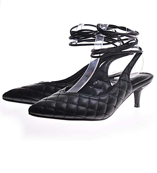 Pikowane czarne buty wiązane na szpilce /G7-2 12204 T197/