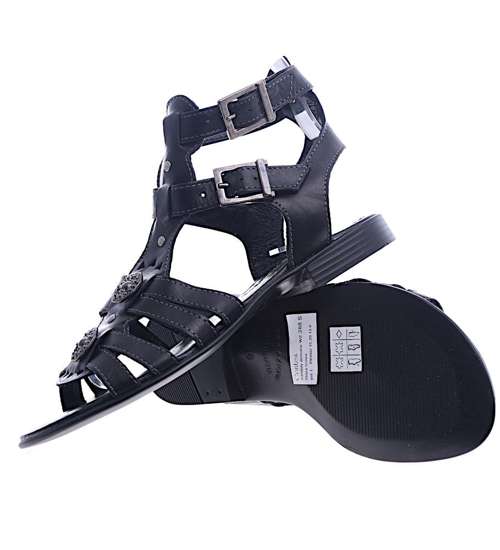 Płaskie czarne sandały rzymianki ze skóry naturalnej /G3-2 SR08/