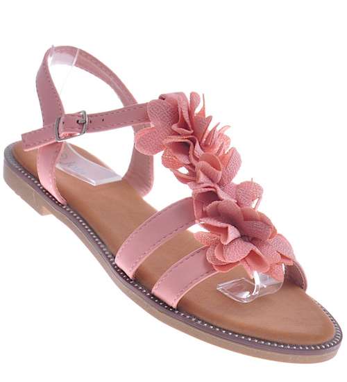 Różowe sandały damskie z kwiatami /A4-2 10553 S292/