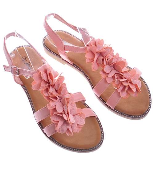 Różowe sandały damskie z kwiatami /A4-2 10553 S292/