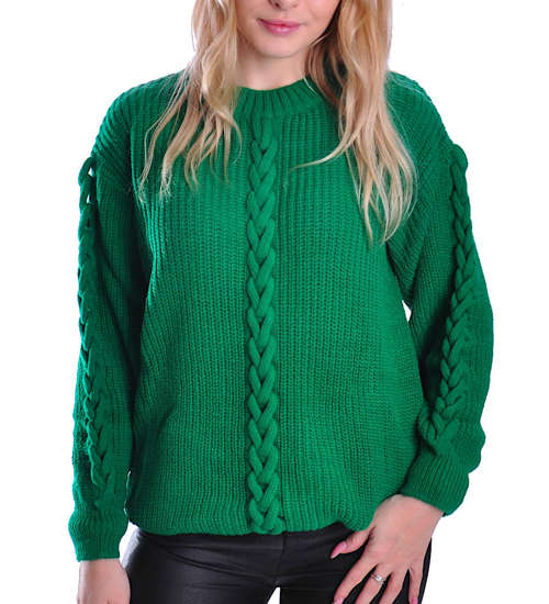 Gruby zielony sweter damski z warkoczem /G11-1 UB424 U1391/