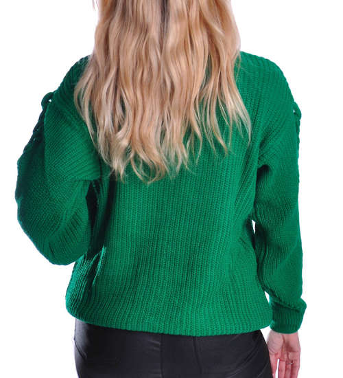 Gruby zielony sweter damski z warkoczem /G11-1 UB424 U1391/