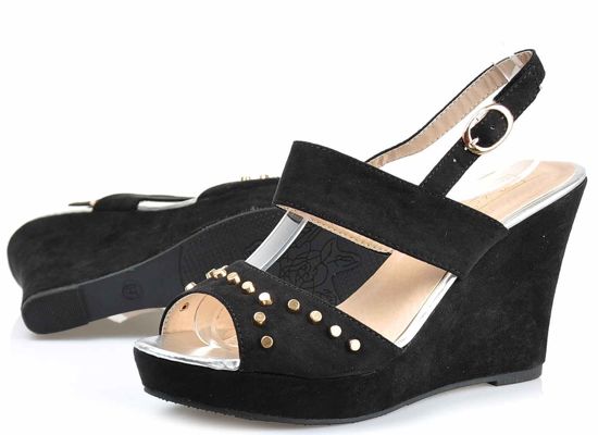 Zamszowe sandały damskie na koturnie i platformie CZARNE /A7-4 2012 S212/