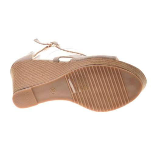 Beżowe zamszowe sandały na koturnie i platformie /C6-3 8306 S303/