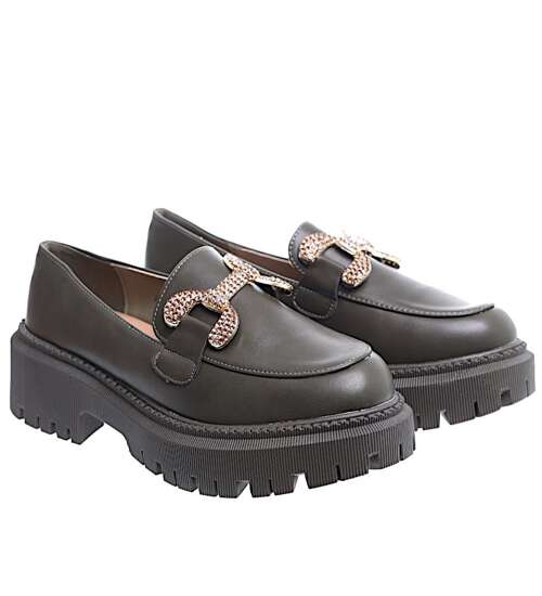 Zielone loafersy damskie półbuty na platformie /E6-1 15488 T336/