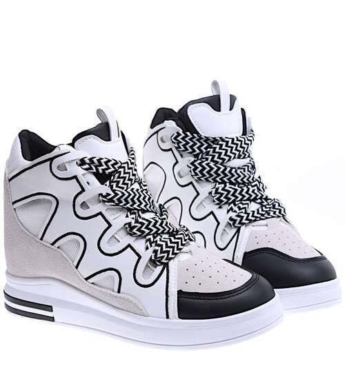 Sznurowane biało czarne trampki sneakersy na koturnie /F9-2 15779 D430/