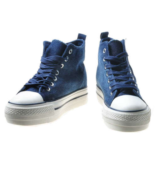 Jeansowe trampki sneakersy na koturnie i platformie GRANATOWE /B3-1 6348 S183/