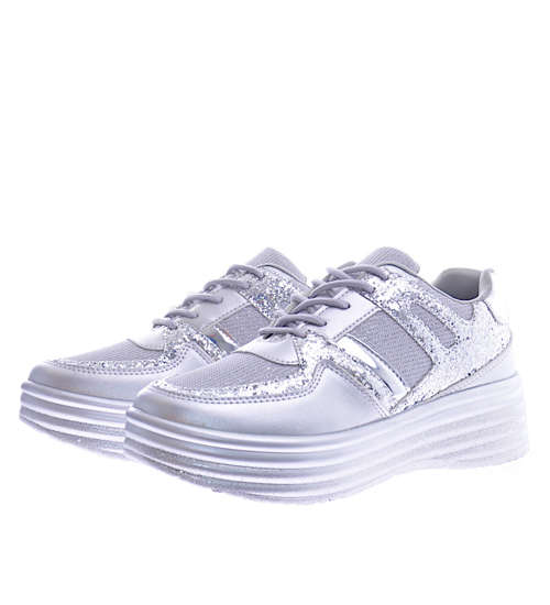Sportowe damskie buty na platformie srebrne /G1-2 12514 T231/