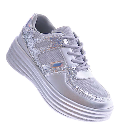 Sportowe damskie buty na platformie srebrne /G1-2 12514 T231/
