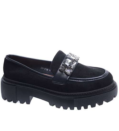 Czarne loafersy z kamieniami półbuty na platformie /C1-1 15499 T336/