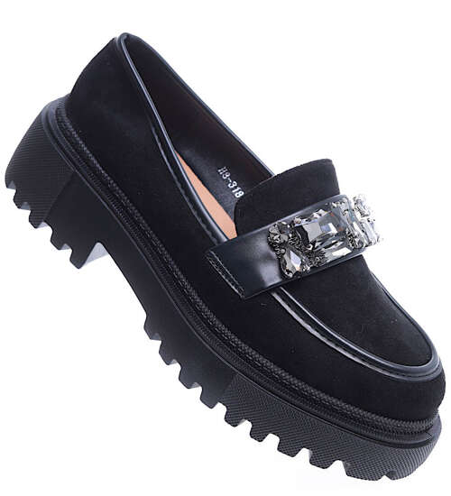 Czarne loafersy z kamieniami półbuty na platformie /C1-1 15499 T336/