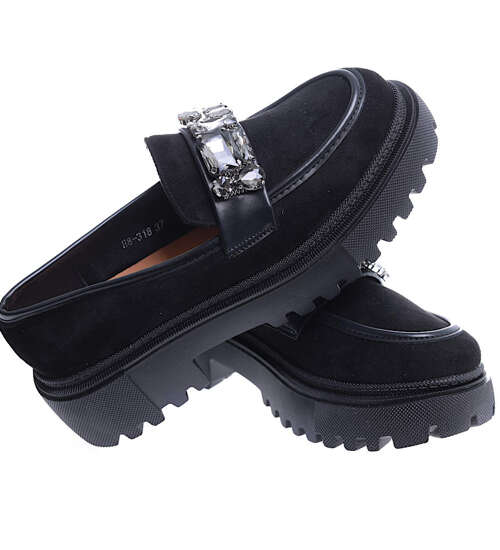 Czarne loafersy z kamieniami półbuty na platformie /C1-1 15499 T336/