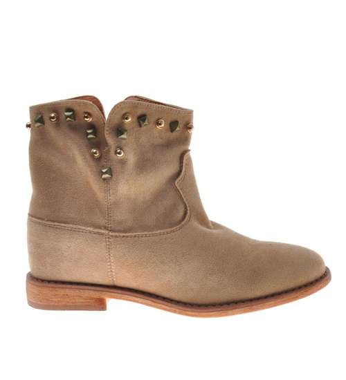 Damskie botki na koturnie zamszowe Khaki /F6-2 9139 S491/