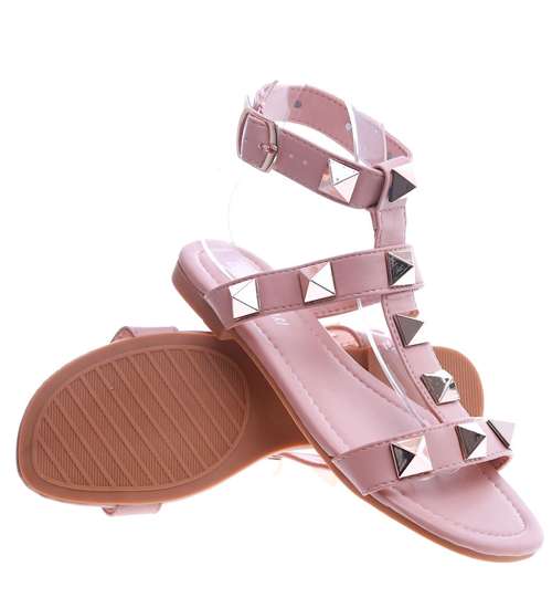 Różowe płaskie sandały damskie z piramidkami /A10-3 13551 T191/
