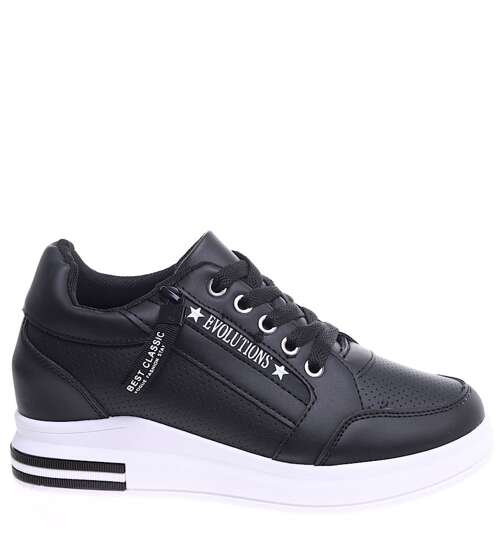 Sznurowane czarne trampki sneakersy na koturnie /F2-2 15955 D432/