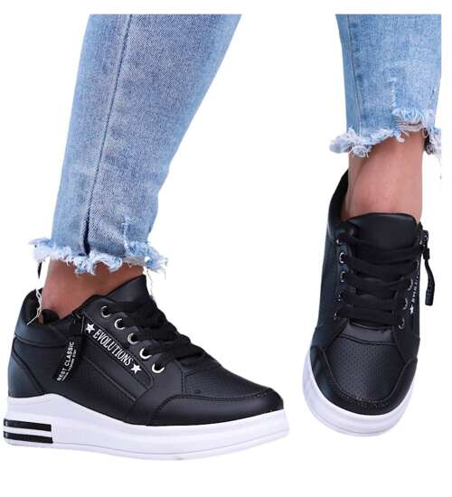 Sznurowane czarne trampki sneakersy na koturnie /F2-2 15955 D432/