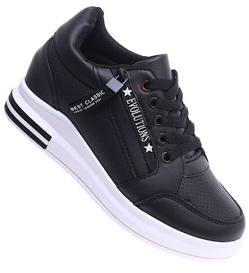 Sznurowane czarne trampki sneakersy na koturnie /F2-2 15955 D432/