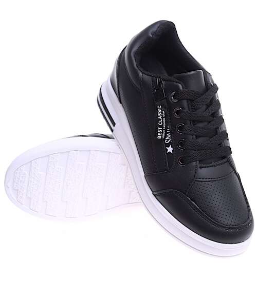 Sznurowane czarne trampki sneakersy na koturnie /F2-2 15955 D432/