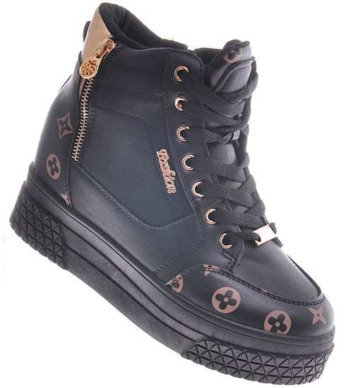 Wiązane czarno złote sneakersy na koturnie i platformie /F5-3 12317 T792/