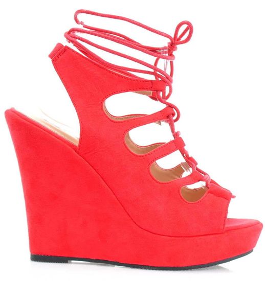 Czerwone sandały damskie z wiązaniami na koturnie /G5-1 1728 S218/
