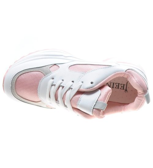 Sportowe buty damskie na wysokiej podeszwie Pink White /F1-1 4778 S371/