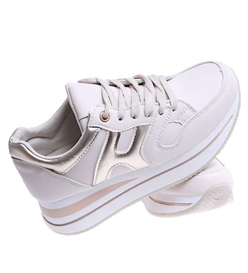 Beżowe damskie buty sportowe sneakersy na koturnie /D7-2 14770 T383/