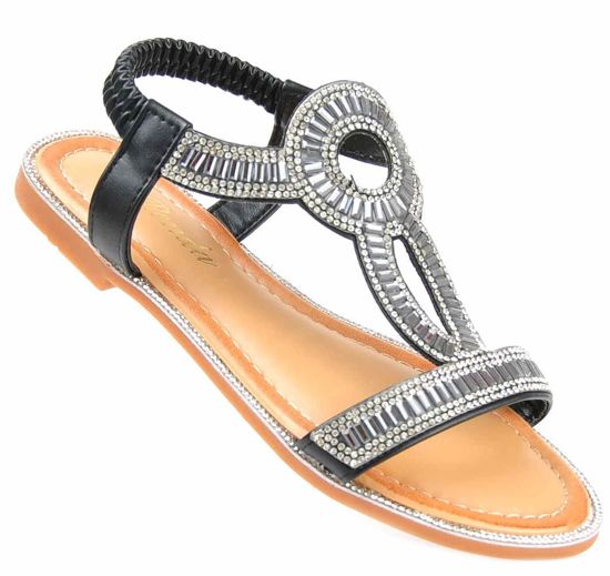 Biżuteryjne sandały damskie na płaskim obcasie CZARNE /A6-2 1973 S219/
