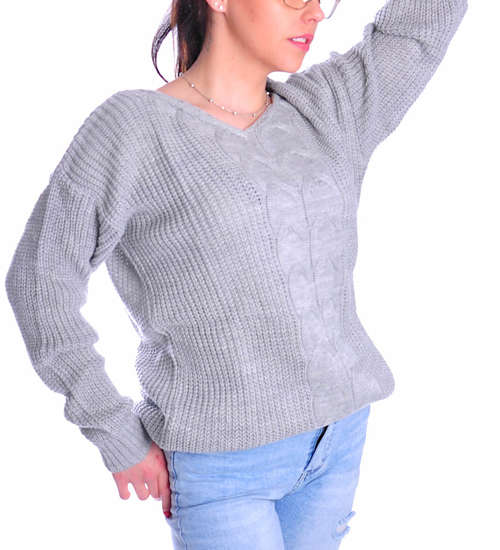 Oversizowy sweter damski z podwójnym wzorem Szary /A3-1 UB374 U107/