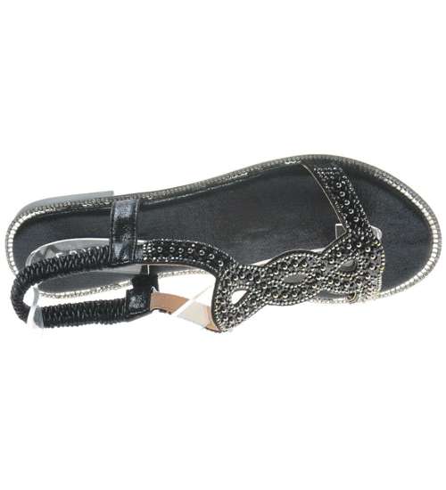 Płaskie sandały damskie z cyrkoniami Czarne /A3-2 8143 S292/