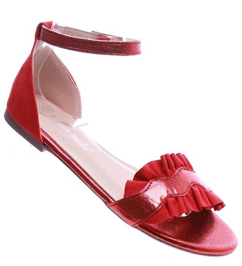 Czerwone sandały damskie na płaskim obcasie /G12-3 14371 S172/