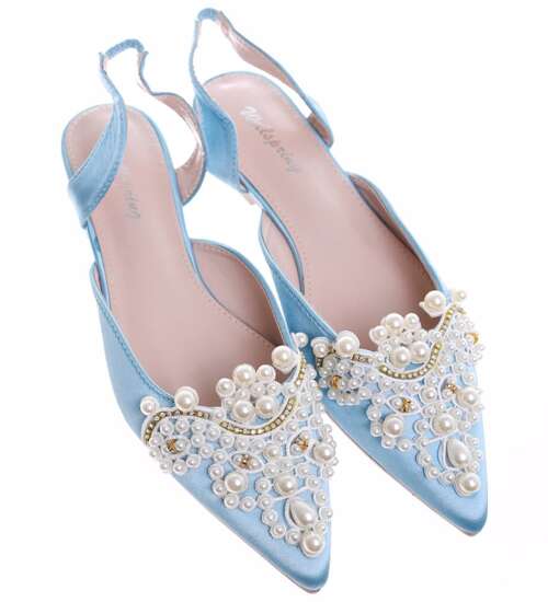 Niebieskie płaskie sandały z perełkami /C7-2 16364 G079/