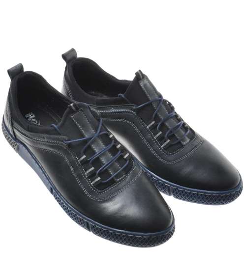 Sportowe buty męskie z naturalnej skóry GranatowoCzarne /655  H10 1043 S116/