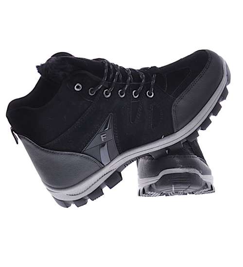 Sznurowane męskie buty trekkingowe Czarne /F7-3 12820 S593/