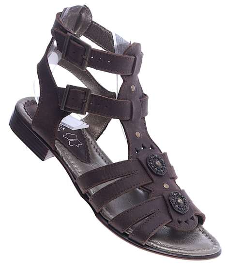 Płaskie brązowe sandały rzymianki ze skóry naturalnej /B5-2 SR73A/