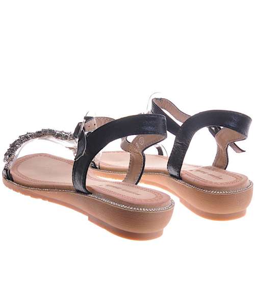 Czarne sandały z cyrkoniami /D6-2 12065 T293/