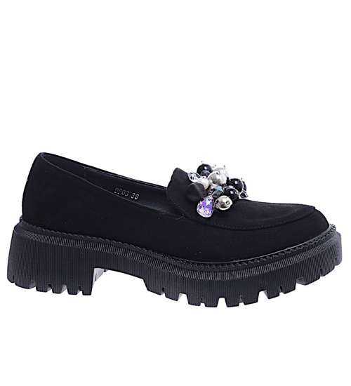 Wsuwane czarne loafersy damskie z kamieniami /E3-3 14644 T640/