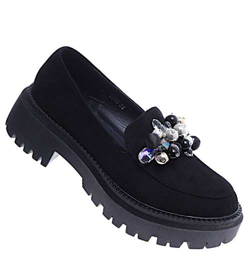 Wsuwane czarne loafersy damskie z kamieniami /E3-3 14644 T640/