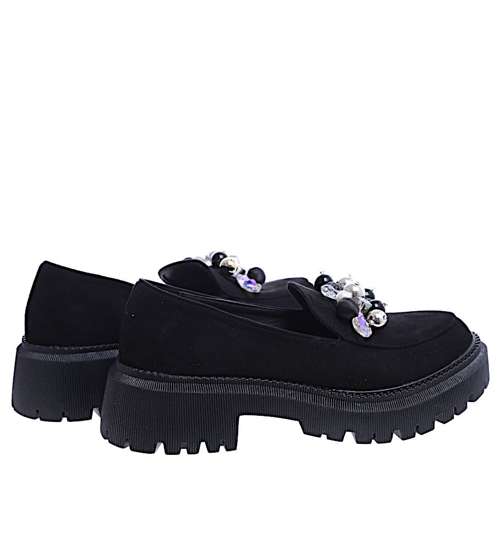 Wsuwane czarne loafersy damskie z kamieniami /E3-3 14644 T640/